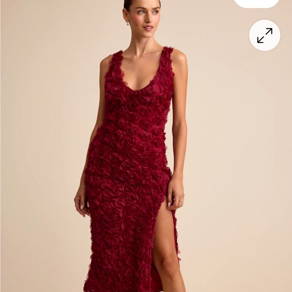 Lulu's Burgundy Rose-Appliqué Midi Dress